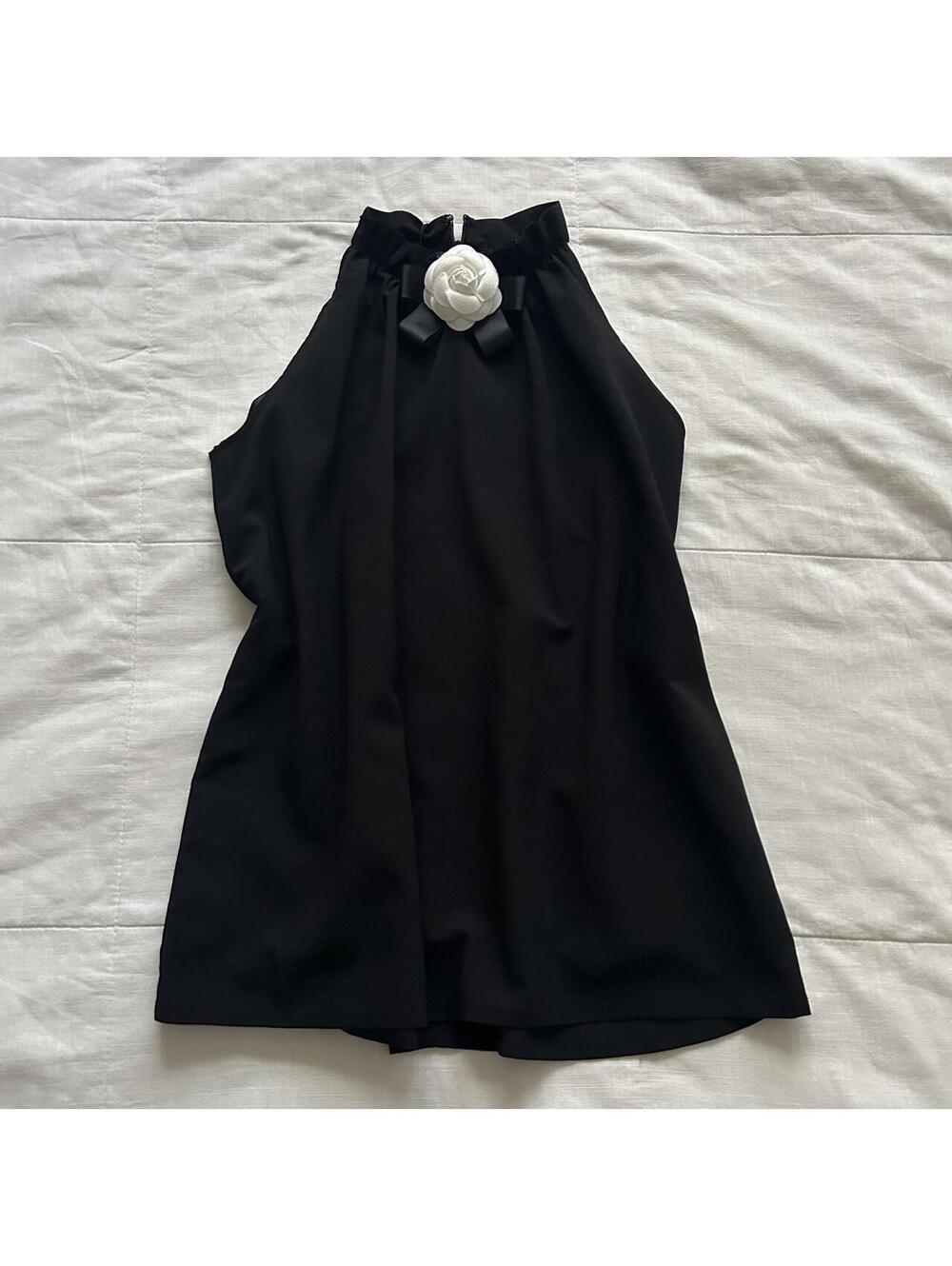 Rady Black Halter Top White Rosette Satin Bow A Line NWT Size Small